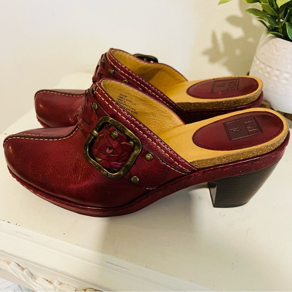 Frye Burgundy Red Leather Braided and buckle Candice heel mule